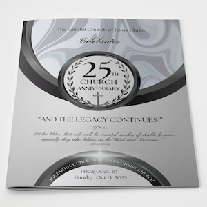 CANVA Church Anniversary Program | Template | Soft Black & Silver | Size: 11x17 / Folds to 8.5.x11 | 8 page Booklet | Editable Color | R500