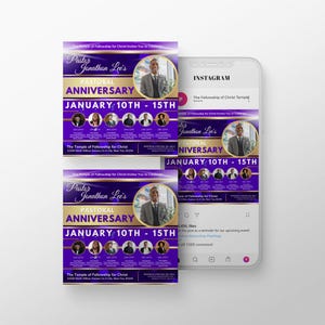 CANVA Church Anniversary Flyer Canva Template | Gold True Purple | Multiple Speakers and Dates | Size 1080x1080 px / Personalize & Post!