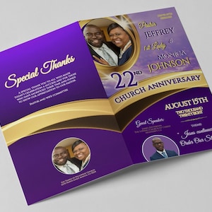 CORJL Church Anniversary Program Template | Pastor Appreciation Service | Editable | Elegant Purple & Gold Theme | 2 Sizes: 11x17, 11x8.5
