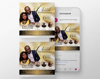 May include: A gold and black church anniversary flyer with a couple in the center. The flyer announces the "Seventh Church Anniversary" of "Anna Ahin Williams" on November 10th at 3:00 PM. The flyer also includes the name and address of the church: "Greater Missionary Temple Church, 1234 South Blessed Avenue, In A City, Near You, 91234".