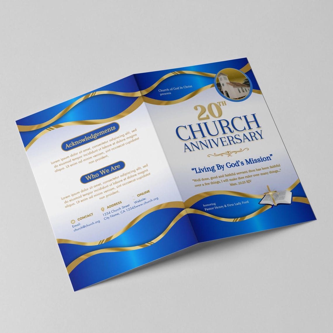 Church Anniversary Program Template | Regal Blue & Gold (canva, 11x8.5 ...