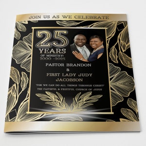 CORJL Church / Pastoral Anniversary Program Template | Editable | Yellow Gold Black Design | Size: 11X17-Folds-8.5x11 | 8 Pages
