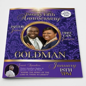 Church Anniversary Program Template | Editable Pages in Corjl | Vintage Royal Deep Purple + Gold | 2 Sizes: 11x17 and 8.5x11 | 8 Pages