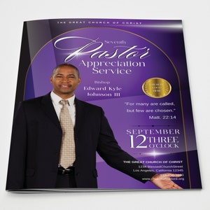 CANVA Church Anniversary Program Template | Purple Black | Size 11x17, Fold to 8.5.x11 | 8 pg Booklet | Editable Pastor Appreciation | L200