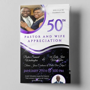 May include: A promotional flyer for a Pastor and Wife Appreciation event. The design includes a photo of a smiling couple, with the text "50th" in large purple numbers. The flyer also includes the date, time, and guest speaker details.