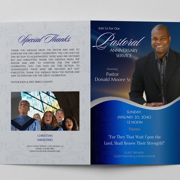 CANVA Pastoral Anniversary Service Brochure | Blue Gray Pastor Church Program Template | 11x8.5 Fold 8.5x5.5 | Y100