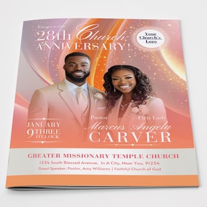 May include: A church anniversary invitation with a pink and orange background. The invitation features a photo of a couple, the text "28th Church Anniversary!" and the date "January 9 Three O'Clock". The invitation also includes the names of the pastor and first lady, "Marcus Angela Carver", and the church's name, "Greater Missionary Temple Church".
