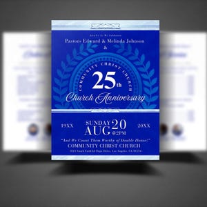 Blue & Silver Church Anniversary Program Template – Edit in Canva (8.5x11, 5x7) | Double Sided | Front and Back Program
