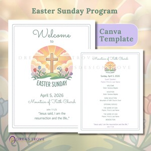 May include: An Easter Sunday program template with a floral and cross design. The program includes the date, church name, and a Bible verse. The words "Welcome to Easter Sunday" are prominently displayed.