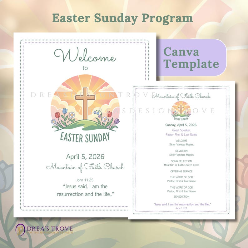 Puede incluir: Una plantilla de programa de Domingo de Pascua con un dise&ntilde;o floral y una cruz. El programa incluye la fecha, el nombre de la iglesia y un vers&iacute;culo b&iacute;blico. Las palabras "Bienvenido a Domingo de Pascua" se muestran de forma destacada.