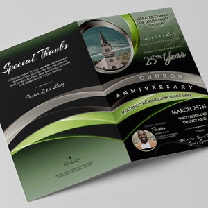 CORJL Church Anniversary Program Template | Pastor Appreciation Service | Editable | Lively Green Silver Black | 2 Sizes: 11x17 & 8.5x11