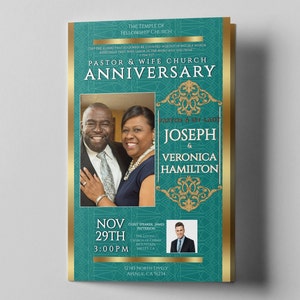 CORJL Church Anniversary Program Template | Editable | Royal Teal Green Gold | Pastor Appreciation Service | Print Size: 8.5x11 | 4 Pages