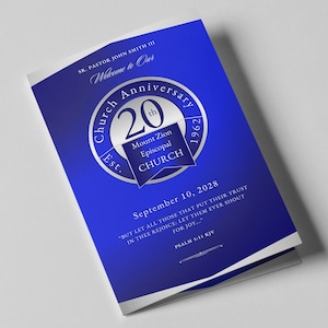 CANVA Pastor Anniversary Program | Editable Template | Blue White Silver | Pastoral Church Appreciation | 4 Page | 11x8.5 to 8.5.5 | Q100
