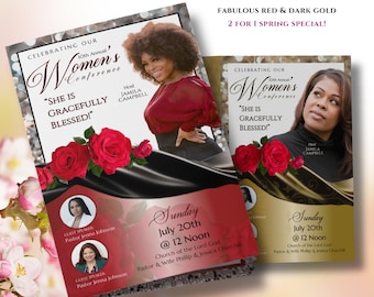 May include: A flyer for a women's church conference. The flyer is red and black with a picture of a woman in a red dress. The text on the flyer says "Celebrating Our 10th Annual Women's Conference" and "She is Gracefully Blessed!" The flyer also includes the date and time of the conference, as well as the location.