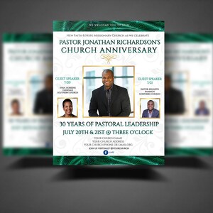 May include: A flyer announcing the 30th Church Anniversary of Pastor Jonathan Richardson. The flyer features a green and white design with a photo of the pastor and two guest speakers. The event will take place on 20th and 21st July at 3:00 PM.