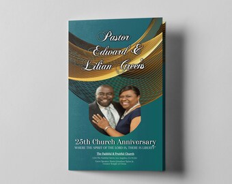 Church / Pastors Anniversary Service Program Template | Editable in Corjl | Ribboned Deep Green Teal & Gold | Print Size: 8.5x11 | 4 Pages