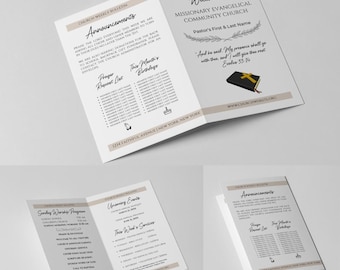 Puede incluir: Un boletín de iglesia de tres pliegues con fondo beige y texto negro. La página frontal tiene el título "Bienvenido a la Iglesia Evangélica Misionera Comunitaria" y la dirección del sitio web de la iglesia. Las páginas interiores incluyen un programa de culto dominical, eventos próximos, anuncios, solicitudes de oración y cumpleaños.