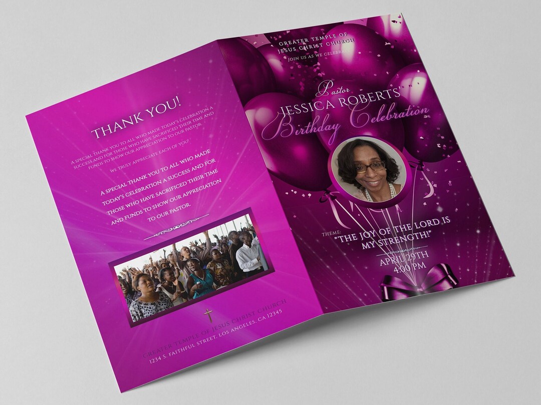 Fuchsia Church Program Template | Birthday, Retirement (editable) - Etsy