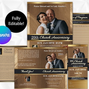 CANVA Anniversary Program | Bundle | Brown Tan Ivory & Gold Black | Bifold - 11x8.5, Flyers - 8.5x11, Ticket - 3x7 | Pastoral Appreciation