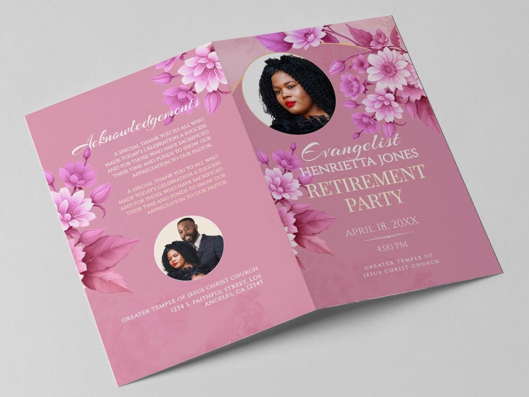 Pink Floral Retirement Program Template | Editable Bifold (digital ...