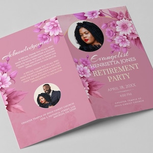 Puede incluir: Una invitación rosa para una fiesta de jubilación con una foto de una mujer y una pareja. La invitación incluye el texto "Evangelist Henrietta Jones Retirement Party" y adornos florales.