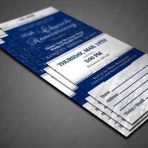 CORJL Church Anniversary Gala Banquet Ticket Template - Vintage Blue Silver | Editable in Corjl | 3x7 inch