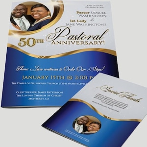 CORJL Pastor Appreciation / Church Anniversary Editable Template - Gold Blue Silver | Size: 11x17 / Folds to 8.5x11 | 8 page | M300 - B