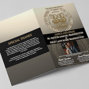 CORJL Church Anniversary Program Template | Editable Only in Corjl | Ivory Cream Black | Size: 8.5x11 Folded-8.5x5.5 | 1 sheet | 4 page