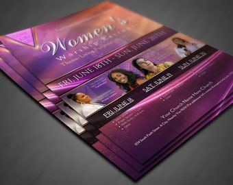 May include: Purple and gold flyer for a Women's Worship Retreat. The flyer includes dates, times, and a list of speakers. The text reads "Women's Worship Retreat" and "Theme: Living Purposefully in Christ".