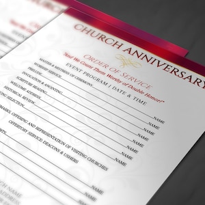 May include: A white and red church anniversary order of service program template with gold accents. The text reads "Church Anniversary" and "Order of Service".