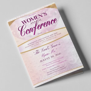 May include: A pink and gold invitation for a Women's Annual Conference. The theme is "Strength and honor are her clothing: she shall rejoice in time to come... Proverbs 31:25." The Lord's Grace is Upon Me. August 20, 2045. Church of Jesus Christ Our Lord, Pastor James Johnson, 12345 Worship Blvd. Los Angeles, CA. Guest Speaker: Minister Vanessa Coleman, Church of Faith, Los Angeles.