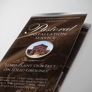 May include: A brown and gold brochure with the text "Church of Jesus Christ Our Lord" and "Pastoral Installation Service". The brochure also includes a photo of a brick building and the text "Lord Plant Our Feet On Solid Ground!" and "Well done, good and faithful servant, thou has been faithful over a few things, I will make thee ruler over many things."