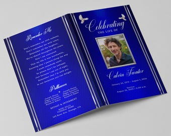 May include: A blue and silver funeral program with a photo of a man and the text "Celebrating the Life of Calvin Fauster" and "January 24, 1970 - August 1, 2024".