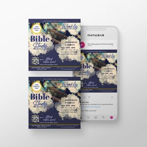 May include: A flyer for a weekly Bible study at Greater Hope Temple Church. The flyer features a blue and purple background with a watercolor effect. The text on the flyer reads "Bible Study" and includes the days and times of the study. A QR code is included to attend online.