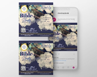 May include: A flyer for a weekly Bible study at Greater Hope Temple Church. The flyer features a blue and purple background with a watercolor effect. The text on the flyer reads "Bible Study" and includes the days and times of the study. A QR code is included to attend online.