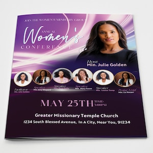 CANVA Editable Church Program Template | Women's Annual Conference | 2 Sizes: 11x8.5 & 17x11 | Glorious Pink to Purple | 1 sheet - 4 page