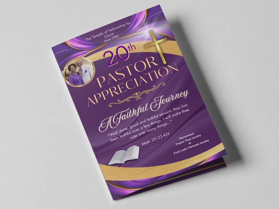 Purple Gold Pastor Appreciation Program Template (canva, 11x8.5 Bifold ...