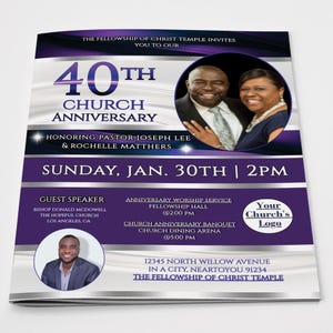 CORJL Church Anniversary Program Template | Pastor Appreciation | Editable in Corjl | Royal Purple and Silver | 2 Sizes: 11X17 & 8.5x11
