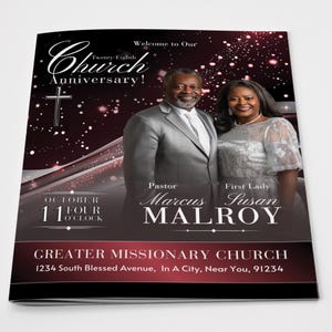 May include: A brochure for the Twenty-Eighth Church Anniversary. The cover features a photo of a man and woman, with text including "Pastor Marcus Malroy" and "First Lady Susan Malroy." The date is October 11th at four o'clock.