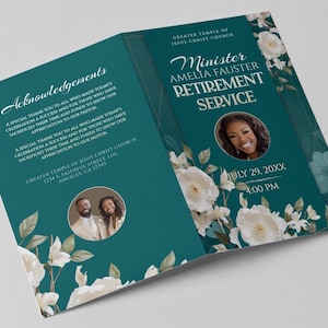 May include: A teal-colored program for a retirement service. The cover features the text "Minister Amelia Fauster Retirement Service" with a photo and floral accents. Inside, it includes acknowledgements and photos.