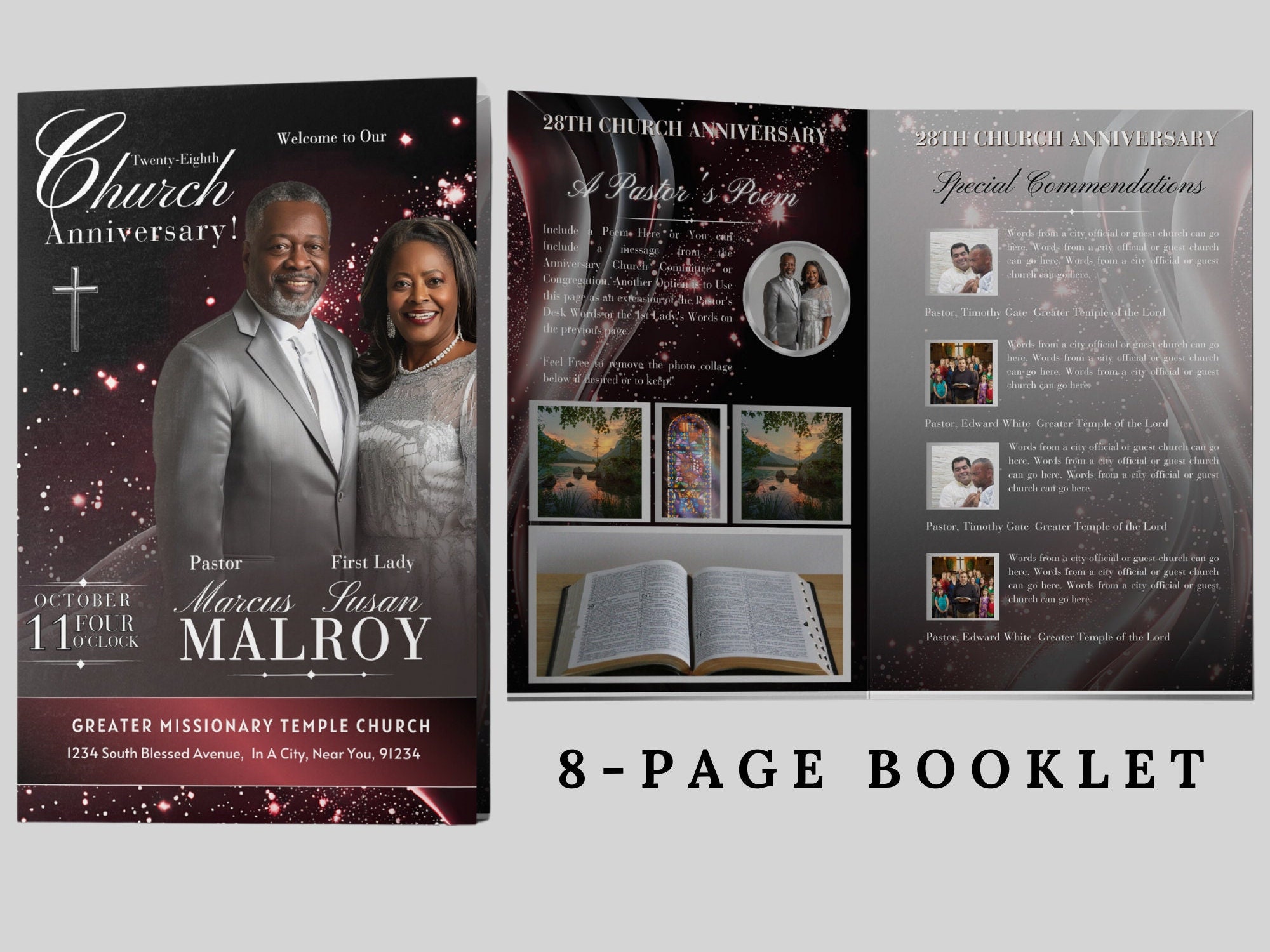 CANVA Church Anniversary Program Template | Editable Black Red Silver Booklet | Pastor Service Program | Size: 11x8.5-Folds 8.5x5.5 | 8 Page