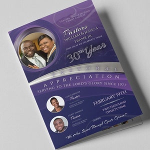May include: Purple and silver invitation for a 30th Pastoral Appreciation event. The invitation features a photo of a couple, the text "Pastors William & Jessica Frank Jr." and the date "February 19th, Two Thousand Twenty Nine".