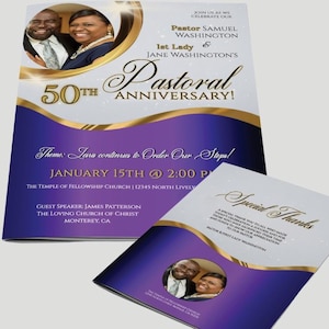 CORJL Pastor Appreciation / Church Anniversary Editable Template - Gold Purple Silver | Size: 11x17 / Folds to 8.5x11 | 8 page | M300 - P