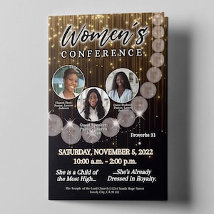 CORJL Women&#39;s Church Conference Program Template | Editable Brochure | Pearl Collection - Gold | Print Size: 8.5x11 | Bonus Silver Design