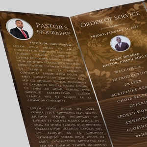 May include: A brown and gold programme for a church service with the order of service listed. The programme includes a photo of the pastor and a guest speaker. The date of the service is Friday, 31 January 2055.