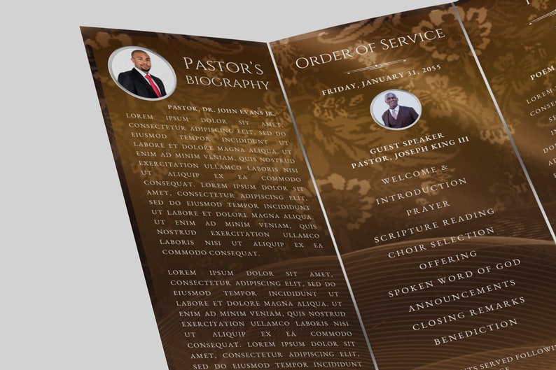 May include: A brown and gold programme for a church service with the order of service listed. The programme includes a photo of the pastor and a guest speaker. The date of the service is Friday, 31 January 2055.