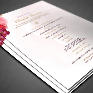 May include: A white worship service program with a floral design featuring pink and red roses. The program includes the order of service, including welcome, scripture reading, sermon, and closing prayer. The theme is "Called to do Great Things in Christ."