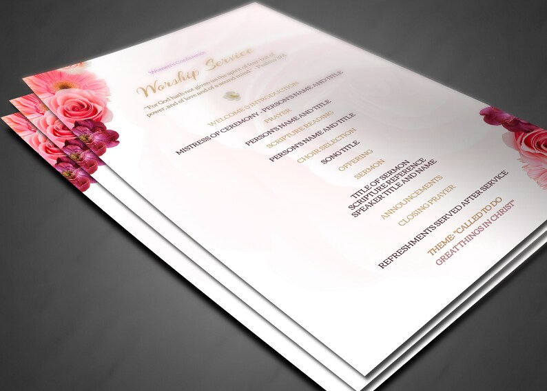 May include: A white worship service program with a floral design featuring pink and red roses. The program includes the order of service, including welcome, scripture reading, sermon, and closing prayer. The theme is "Called to do Great Things in Christ."