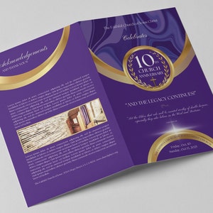 CANVA Church Anniversary Program Template | Purple and Gold | Size: 11x8.5 / Folds to 8.5.x5.5 | 8 page Booklet | Editable Color Guide