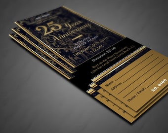 CORJL Church Anniversary Gala Banquet Ticket Template - Vintage Black and Gold | Editable in Corjl | 3x7 inch